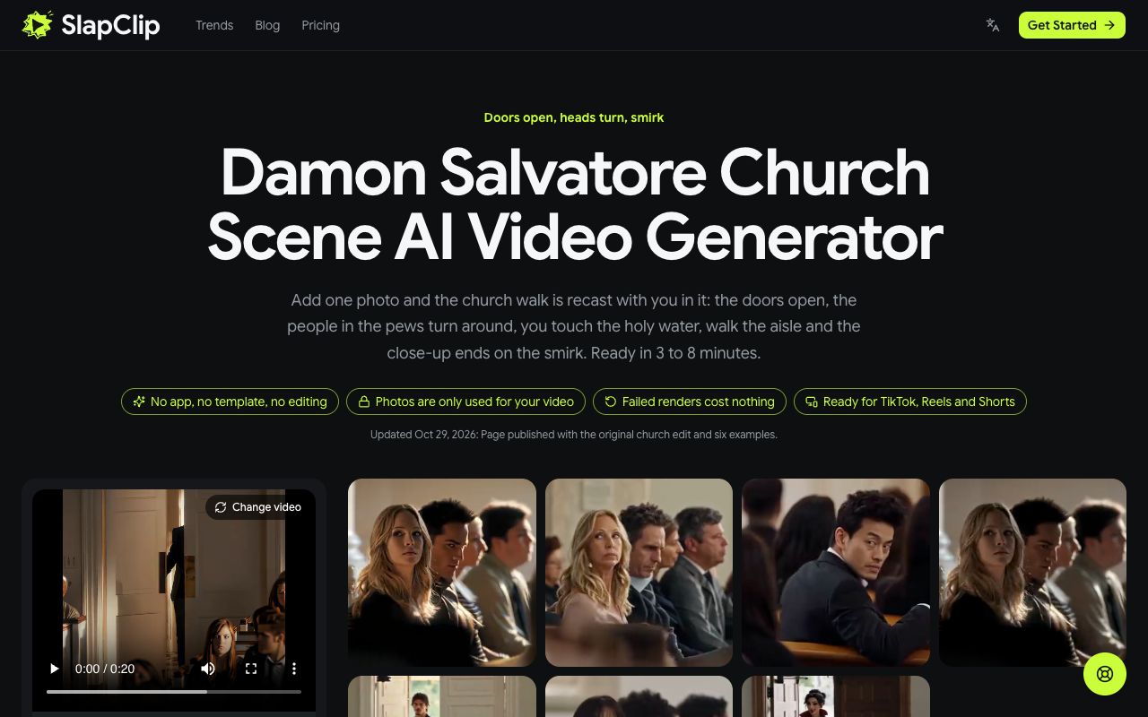 The Damon Salvatore Church Scene AI page on SlapClip with the generator on the left and example videos on the right