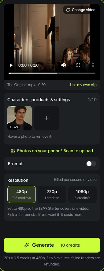 The generator up close: a photo in the 1 · You slot, 480p selected at 0.5 credits per second, Generate button showing 10 credits