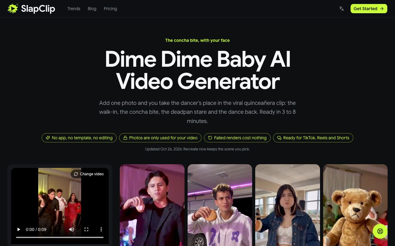 The Dime Dime Baby AI page on SlapClip with the generator and the example wall