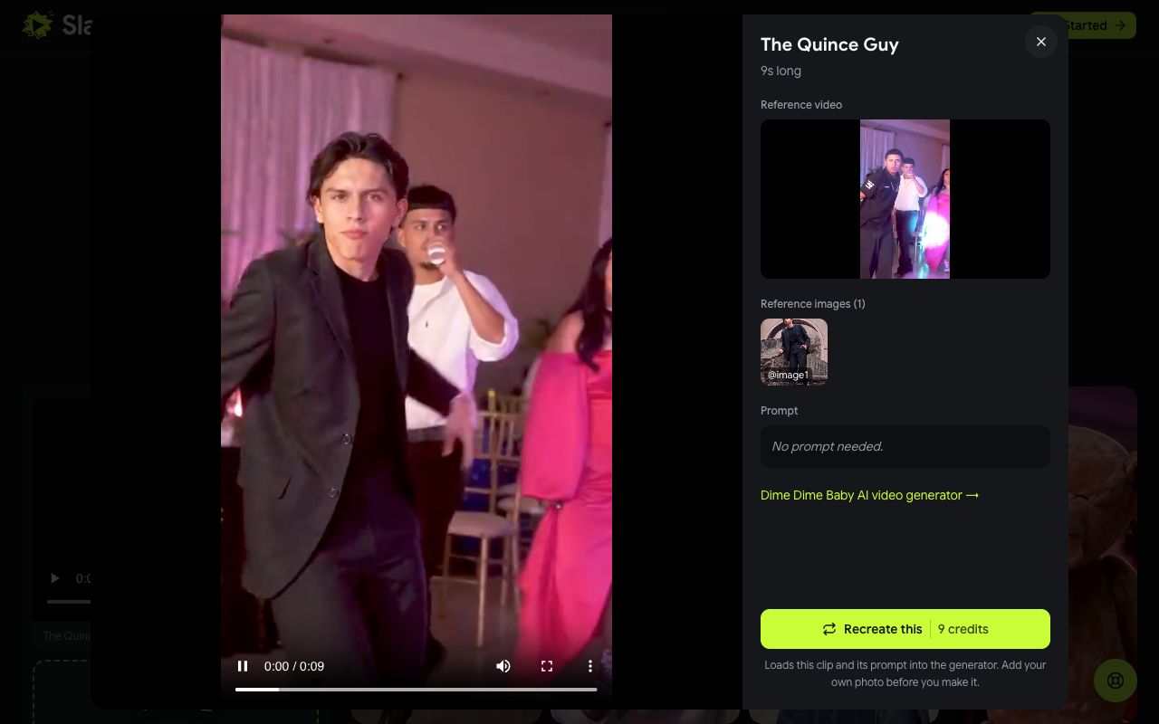 The Quince Guy example opened: 9s long, its reference video and photo, and a Recreate this button priced at 9 credits