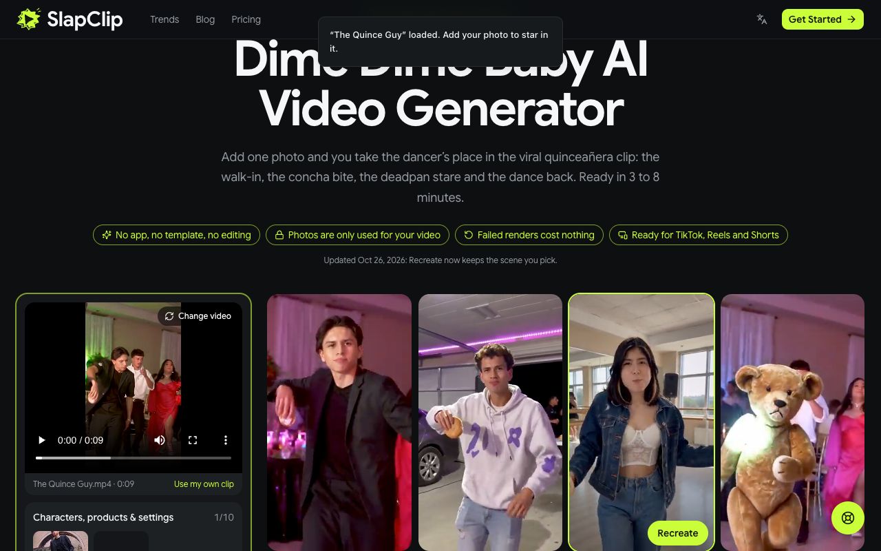 The Dime Dime Baby clip loaded in the generator with a photo added in the You slot