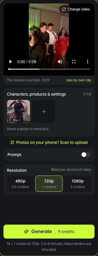 The generator up close with the You photo added, 720p selected and the Generate button showing 9 credits