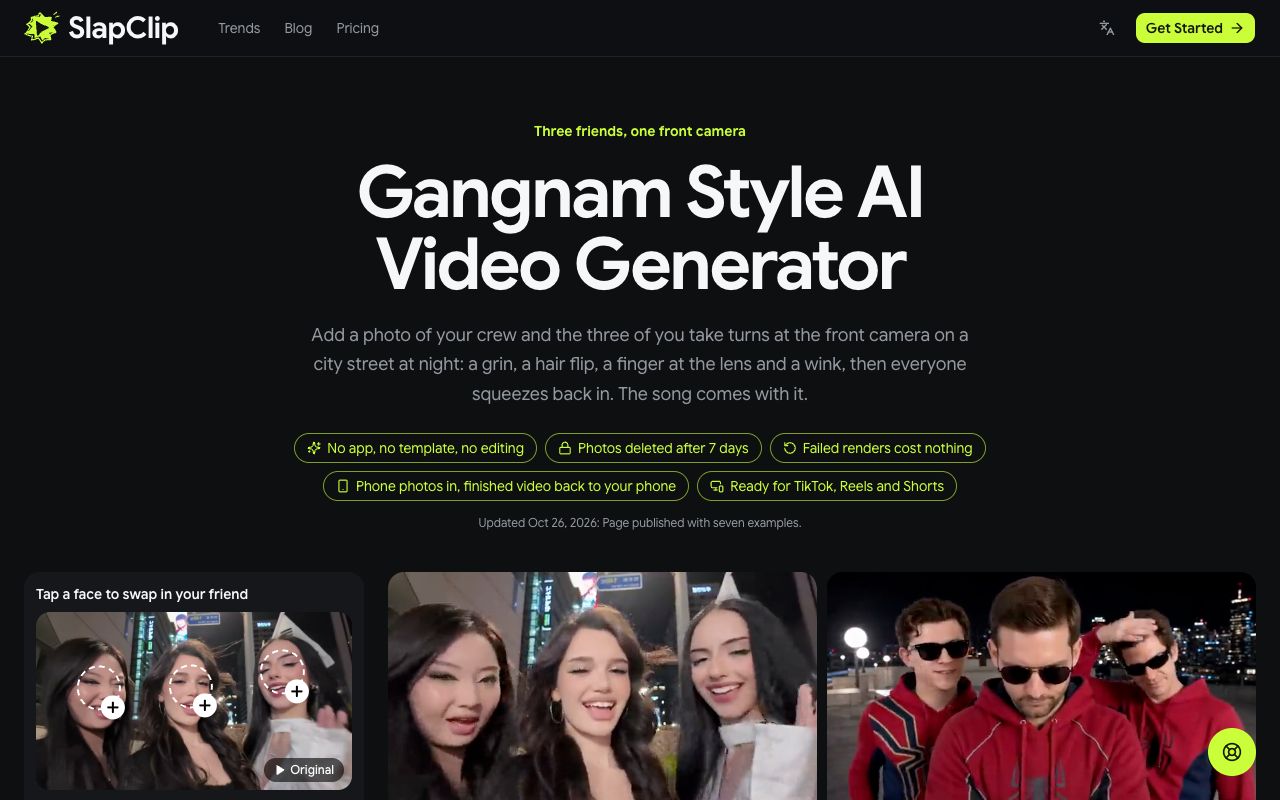 The Gangnam Style AI page with the original three-friend clip loaded in the generator and the example videos beside it