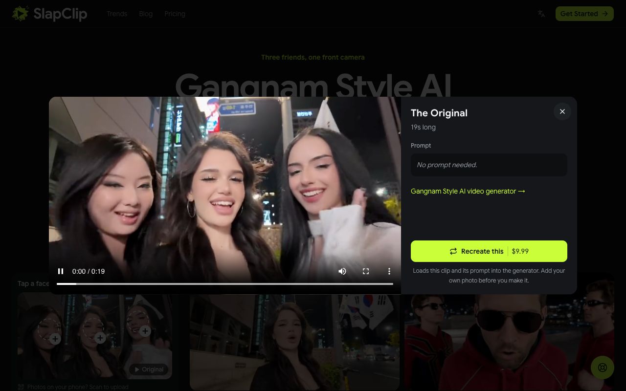 The Original Gangnam Style clip opened in its dialog, 19 seconds long, with the Recreate this button and the $9.99 price
