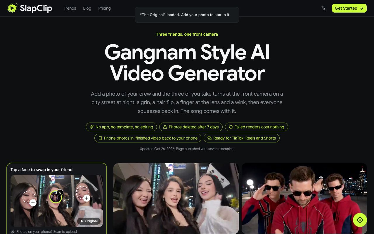 The Gangnam Style generator with a photo placed on the middle person and the circles for the two friends still open