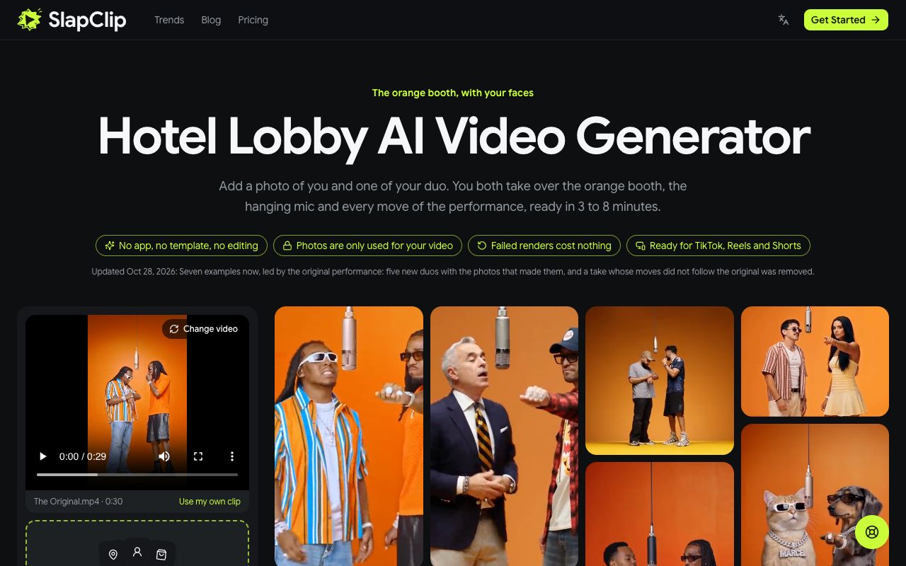 The Hotel Lobby AI page on SlapClip with the generator on the left and example videos on the right