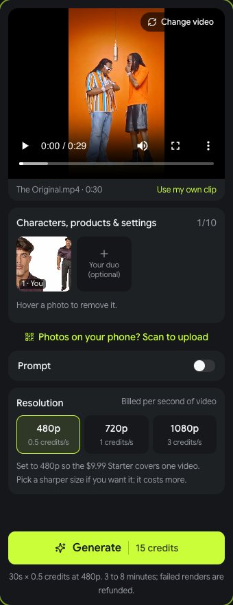 The generator up close: a photo in the 1 · You slot, 480p selected at 0.5 credits per second, Generate button showing 15 credits