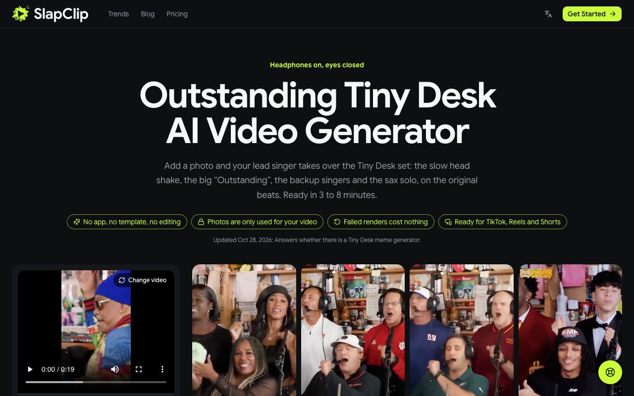 The Outstanding Tiny Desk AI page on SlapClip with the generator on the left and example videos on the right