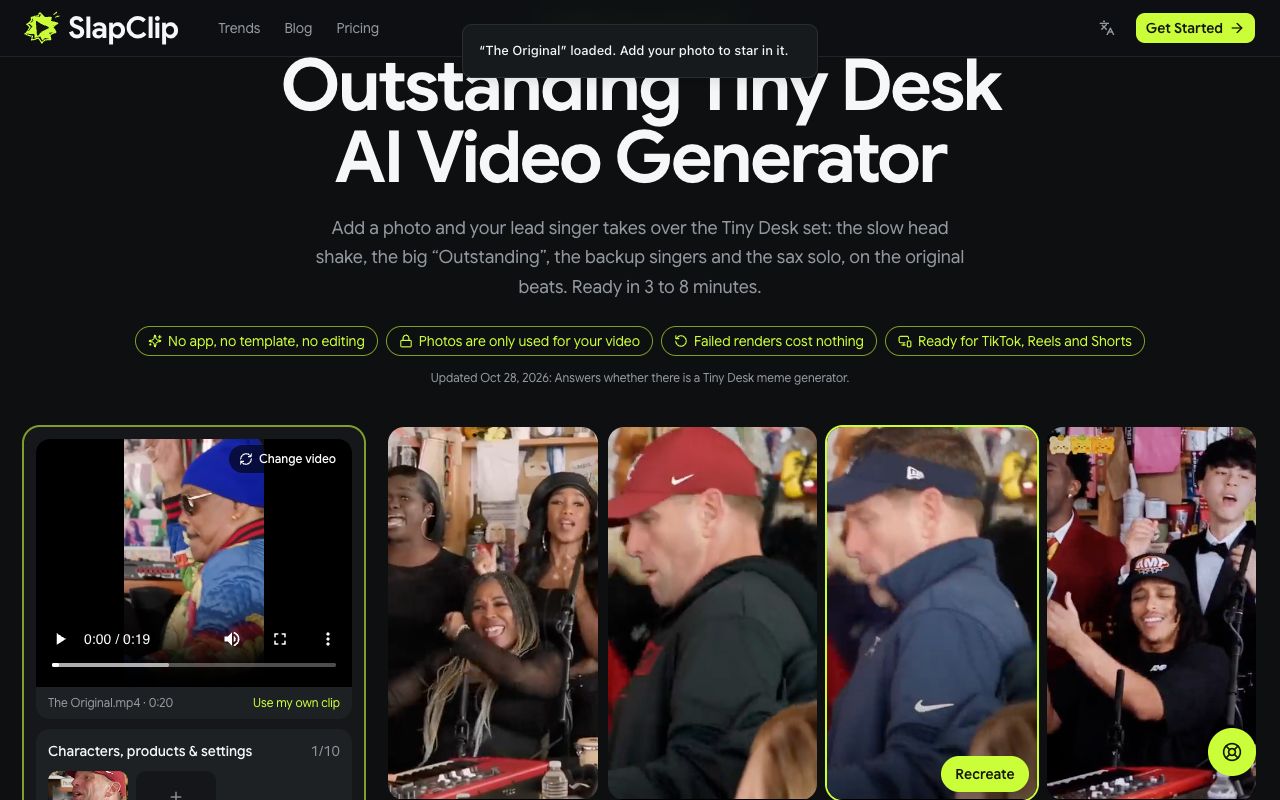 The Tiny Desk clip loaded in the generator with a photo added in the Lead singer slot