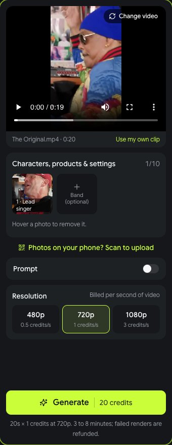 The generator up close: Lead singer photo added, 720p selected at 1 credit per second, Generate button showing 20 credits
