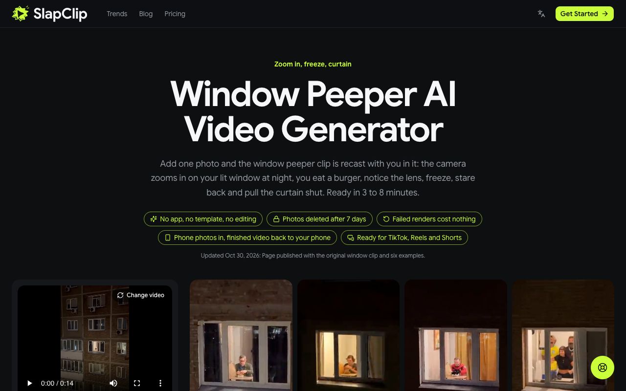 The Window Peeper AI page with the original clip loaded in the generator and the example videos beside it