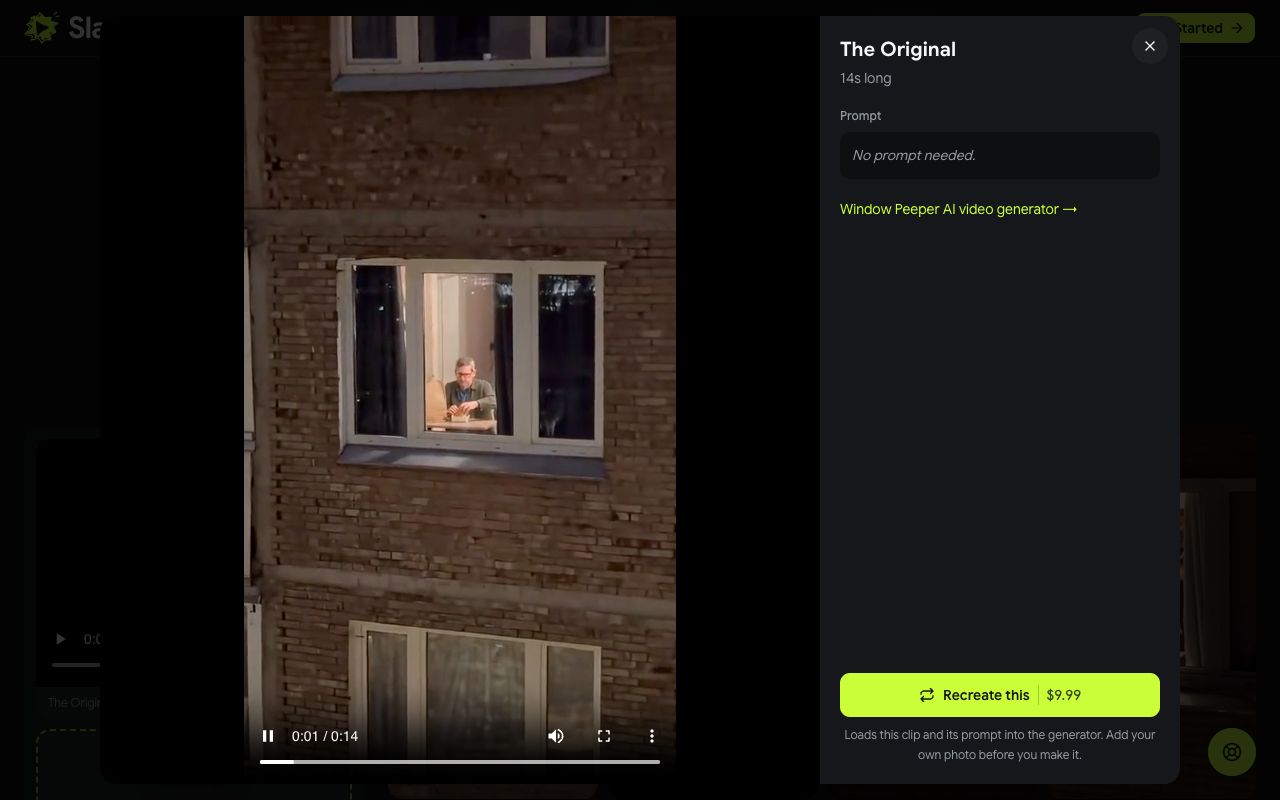 The Original window clip opened in its dialog, 14 seconds long, with the Recreate this button and the price