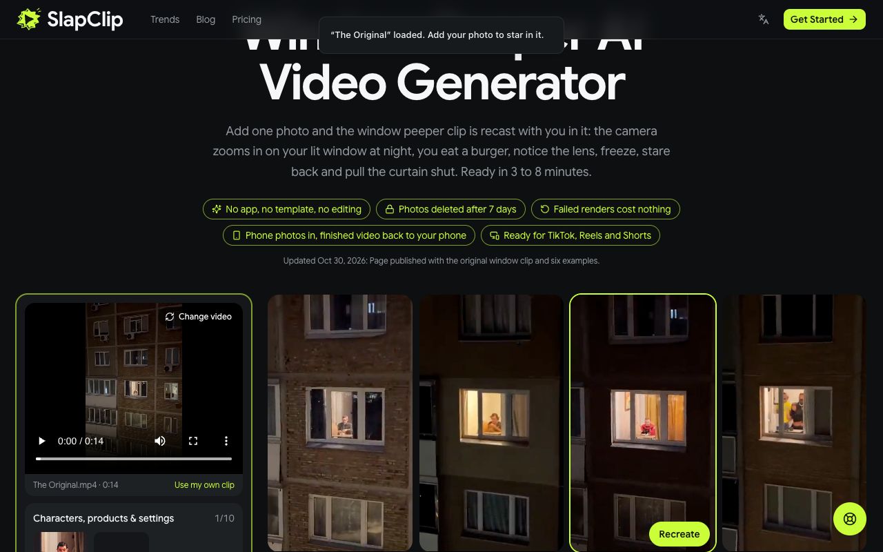 The generator after Recreate this, with the original clip loaded and the photo slot ready