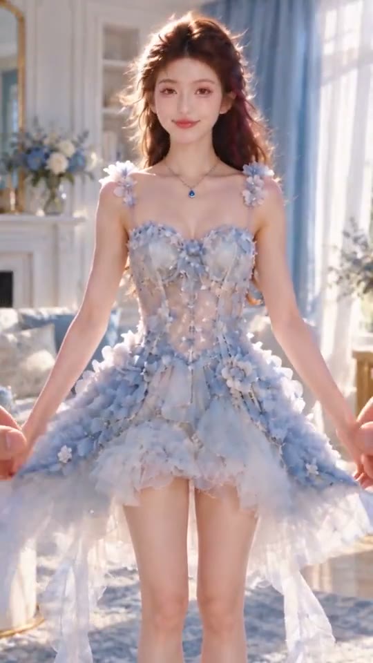 Giant Hands Dress Up AI example: a woman in a blue lace fairy tale dress
