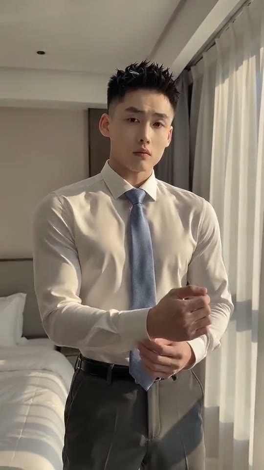 Giant Hands Dress Up AI example: a man dressed in a white shirt, grey trousers and a blue tie